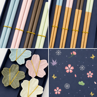 Repose-baguettes en bois et céramique motif fleur, 4 paires, 4 pièces, Sakura, Cadeau de Nouvel An Japonais, Ensemble de vaisselle