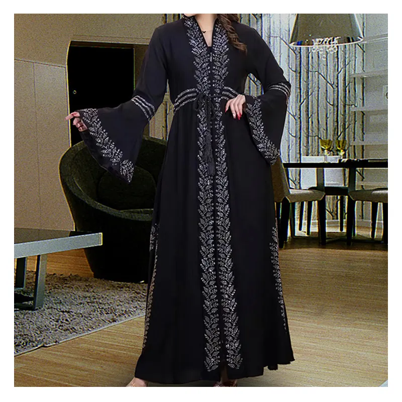 Khiêm tốn thanh lịch phía trước mở Muslim Kimono abaya phong cách phương Tây dài tay áo với đá hồi giáo quần áo mô hình mới Dubai abaya Dress