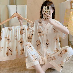 Pigiama Estivo <span class=keywords><strong>da</strong></span> Donna a Maniche Corte, Set 3 Pezzi, Cartone Animato Carino, Comodo, Casual, per Casa - Product Image 4