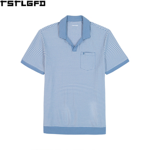 Camisa Casual de Algodón Ecológico con Rayas Personalizadas para Hombre, Color Azul Claro y Blanco, Cuello y Puños Sólidos, Manga Corta, Venta al Por Mayor OEM - Product Image 2