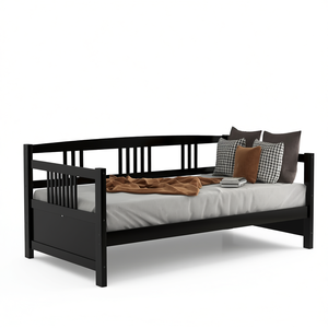 Lit de repos double en bois massif, finition expresso, lit multifonctionnel avec rangement pour chambre à coucher ou salon - Product Image 1