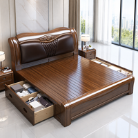 Lit king-size Elande moderne en bois massif avec sacoche en cuir souple et rangement, mobilier de chambre principale