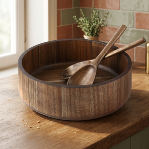 Ensemble de bols et cuillères de service en bois d'acacia véritable poli, vintage, écologique, pour la maison et les fêtes, BS INTERNATIONAL NAD4350 - Product Image 1