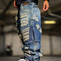 DiZNEW Jeans Baggy Homme Personnalisés Effet Vieilli, Denim Lourd Déchiré et Patchwork, Coupe Large, Style Y2K Grunge, Jeans Empilés