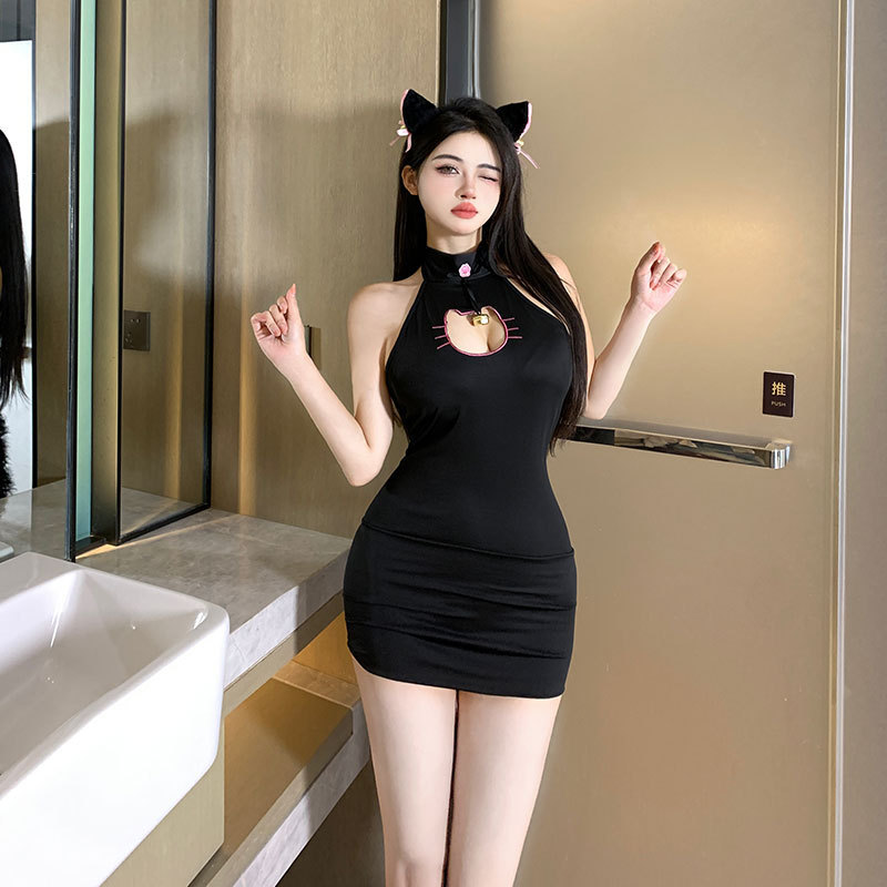 cat paw bunny ears halter lingerie dress Womens Underwear Intimates Sexy Black Costume Role Play Set Cat Head Cutout Mini Anime Cosplay RS-week3322