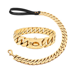 Premium Luxus Vergoldete Hundeleine Tudor Gold Edelstahl Kubanische Kette Haustierleine mit Ledergriff - Product Image 6