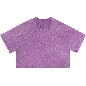 เสื้อครอปท็อปผู้หญิงสีม่วง คอกลม แขนสั้น ทรงโอเวอร์ไซส์ หลวม สีพื้น ลายมัดย้อม ผ้าถัก ทอแบบ OEM สำหรับฤดูใบไม้ผลิและฤดูร้อน สไตล์ลำลอง - Product Image 1