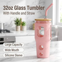 Gobelet en verre borosilicate de 32 oz avec poignée, grande capacité, pour voyage et fête, couvercle en bambou, pour hydratation au bureau