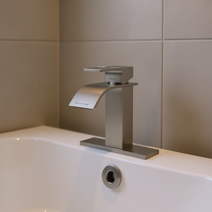 Robinet de lavabo de salle de bain à poignée unique Bothwa Home Harlow, finition nickel brossé, design moderne en cascade - Product Image 2