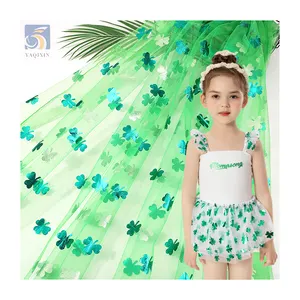 YX2713 Amazon Lucky Custom Polyester Emerald Green Clover Printed Tulle Fabric for Girls Tutu Skirt