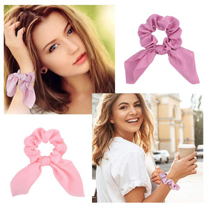Chouchous en satin de soie rose pour femmes avec nœud et oreilles de lapin, vente en gros - Product Image 6