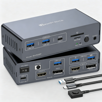 Switch KVM USB-C HDMI DP untuk 2 PC, Monitor Ganda 4K 60Hz/120Hz, Hub USB 3.2, Pembaca Kartu SD/Micro SD, Kompatibel dengan Mac/Windows