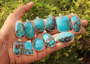 Turquoise <b>Necklace</b> with <b>Boho</b> Style Silver Overlay Magnesite Pendant Handmade Rhodium and Gold Plated Bezel Setting Inlay - Product Image 4