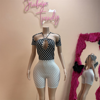 Combinaison courte à pois sexy avec découpes et lacets, patchwork noir et blanc, manches courtes, pour femme