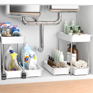 Étagère de rangement coulissante à 2 niveaux pour sous-évier, blanche/noire, pour cuisine et salle de bain, organisateur d'armoire - Product Image 1