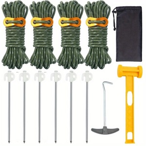 ZJ-PJ005 Ensemble de cordes de tente en polyester vert de 12 m avec piquets pour le camping toutes saisons - Product Image 1
