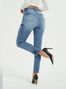 Jean slim droit taille haute pour femme, multi-poches, bleu uni, respirant, tendance, style rétro, idéal pour le travail - Product Image 2