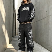 Ensemble de survêtement homme OEM personnalisé avec sweat à capuche imprimé sérigraphié et strass, et pantalon de survêtement double taille motif léopard délavé vintage