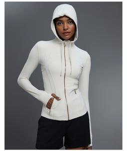 Veste de sport à capuche moulante pour <span class=keywords><strong>femme</strong></span>, fermeture éclair intégrale, poche kangourou, taille élastique, tissu léger et performant - Product Image 6