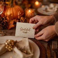 Carte en papier semence pour Thanksgiving avec illustration de blé et forme de citrouille