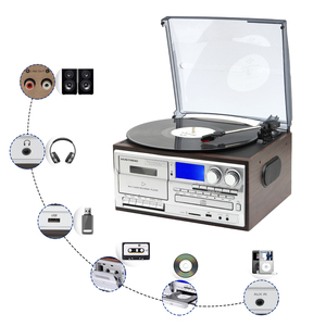 Lecteur de disques vinyle vintage 9 en 1 à 3 vitesses avec Bluetooth, radio AM/FM, phonographe, gramophone classique avec <span class=keywords><strong>CD</strong></span> et cassette - Product Image 1