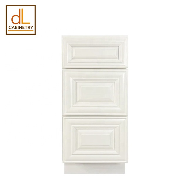 15 Inch Pearl White Solid Wooden RTA Modular Kitchen Base Cabinets Modern Three Slide Drawer Raise Panel Hinge Plywood KCMA