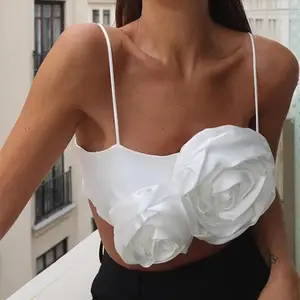 Sexy Satin Patchwork Rose Flower Camis Women Y2k Square Collar Sleeveless Slim Crop Tops Female Summer Fashion White Corset
