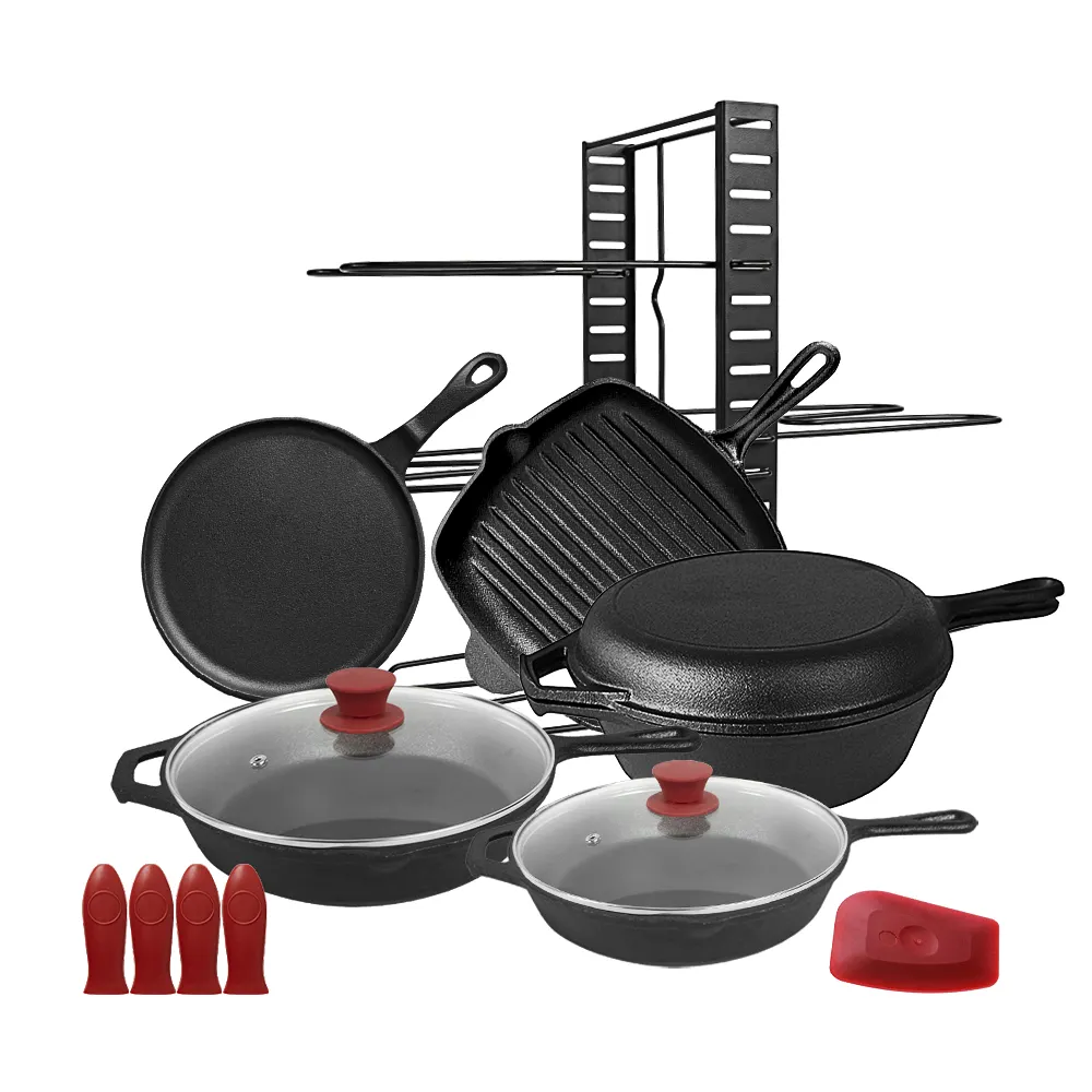 Groothandel Thuis Keuken Custom Grill Grill Grill Pizza Pan Nederlandse Oven Voorgekruide Non-Stick Gietijzeren Kookgerei Sets