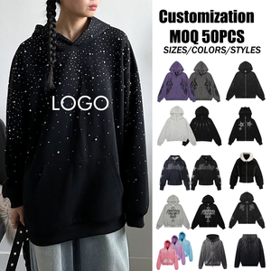 Sudadera de hombre OEM&ODM personalizada con diamantes, de peso pesado, estilo retro, para invierno, con cordón, unisex, oversize, lavado ácido, con <span class=keywords><strong>letras</strong></span> y pedrería - Product Image 1