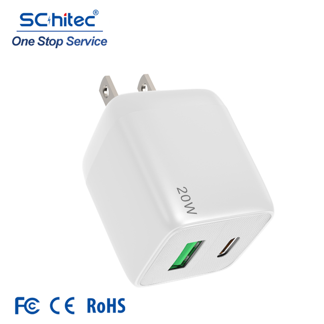 Schitec Compact US Plug 20W Dual USB Charger Quick Charging 18W PD 20W Fast type c wall charger adaptor for iphone samsung