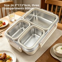 Boîte à lunch en acier inoxydable 304 à trois compartiments avec couvercle anti-accrochage, pour réfrigérateur, conservation des saveurs, capacité 800-1000 ml