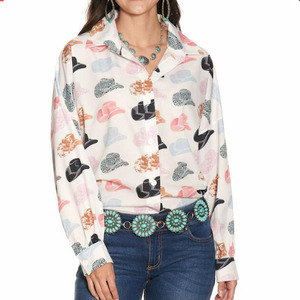 Southern Country Girl Camisa con botones Custom Womens Nylon Tops Manga larga Allover Sombreros de vaquero Estampado Nylon Ropa <span class=keywords><strong>Camisas</strong></span> - Product Image 1