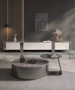 Italian Luxury Modern Rock Plate Round Coffee <strong>Table</strong> Minimalist Stainless Steel Titanium <strong>Grey</strong> Tempered Glass <strong>Coffe</strong> Side <strong>Tables</strong> - Product Image 3
