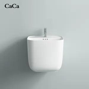 CaCa Fashion Sanitary Ware Glossy Wall Mount Ceramic Half Pedestal Wall Hung Basins Bathroom Sink