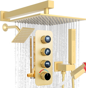 طقم صنبور دش مطر مزدوج 10 + 6 وظائف مثبت على الحائط بحجم قابل للتعديل محمول باليد ذهبي مصقول جميع الوظائف دش يستخدم - Product Image 1