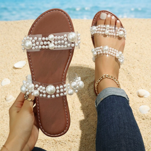 Women Clear Strap Slide Sandals Faux Pearl Decoration Flat Open Toe <b>Summer</b> Beach Casual <b>Slippers</b> - Product Image 2