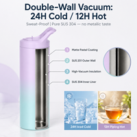 Bouteille d'eau isotherme en acier inoxydable à double paroi sous vide, 600 ml, dégradé pastel lilas turquoise, avec poignée