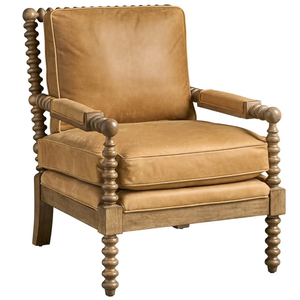 Farmhouse Bobbin <strong>Spindle</strong> Accent <strong>Chair</strong>, Vintage Solid Wood Frame Upholstered Leather Armchair for Living Room Bedroom - Product Image 1