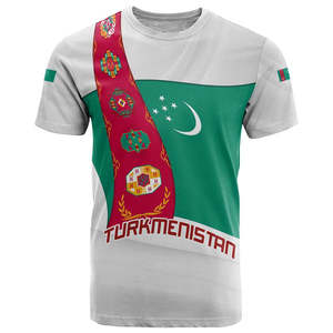T-shirt all'ingrosso a basso costo per il Giorno dell'Indipendenza del Turkmenistan, con emblema nazionale e design a strisce a tappeto, personalizzabile da uomo - Product Image 1