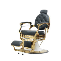Fauteuil de Barbier en Cuir Tufté Noir et Or avec Pompe Hydraulique et Base Ronde – Mobilier de Salon de Coiffure pour Hommes