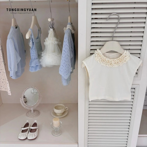 Girls Two Piece Set Off White Lace Top Gray Lantern Pants Cotton Spring Summer Outfit - Product Image 4