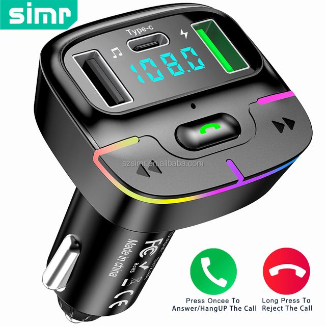Simr W1 Colorful Car Bluetooth MP3 Player FM Transmitter Car Charger Dual USB Bluetooth Receiver Type-c Charge Handsfree Car Kit