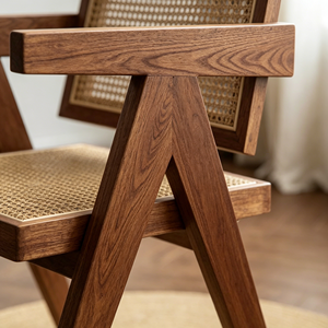 <b>Vintage</b> Rattan Woven Armchair, Solid Wood <b>Frame</b> Dining Chair, Ergonomic Side Chair for Living Room Kitchen - Product Image 6