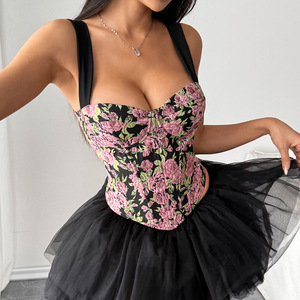 Camicetta con Stampa di Rose <span class=keywords><strong>Rosa</strong></span> e Spalline Larghe, 100% Poliestere, Antistatica, Romantica, Vintage, Modellante per la Vita, Bustier per Donne - Product Image 5
