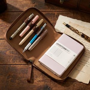 Top Layer Cowhide A6 Zipper Notebook Bag Pens Case <b>Journal</b> Cover Book Sleeve Modern Style Embossed Durable Promotional Gifts - Product Image 2