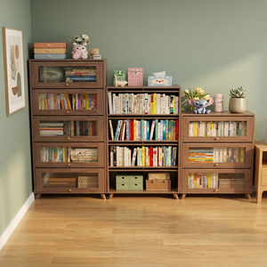 Bibliothèque moderne en bois avec portes vitrées et étagères ouvertes pour le bureau à domicile et le salon - Product Image 4