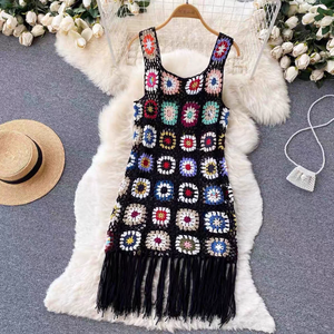 HZ Vestido de Fiesta Natural de Verano <span class=keywords><strong>Bohemia</strong></span> para Mujer, de Punto Holgado, con Falda de Ganchillo en Línea A, Diseño Sencillo de Flores Caladas y Flecos - Product Image 2
