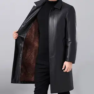 Long Leather Men's Lapel Leather Coat Thickened Over Knee Leather Coat men's jackets