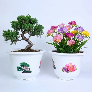 Agent d'approvisionnement fiable : Pots de jardinage en plastique blanc écologiques avec motifs floraux, jardinières rondes empilables, grande capacité, B2B - Product Image 1
