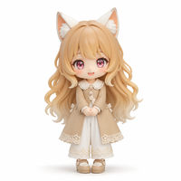 Figurine Anime Fille des Forêts aux Oreilles de Chat, Cheveux Ondulés Caramel, Manteau Long en Dentelle, Pantalon Large, Mary Jane, Série Blind Box, MOQ Personnalisé